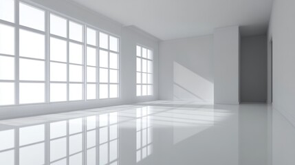  Empty room, reflective white floor, white walls, generative ai