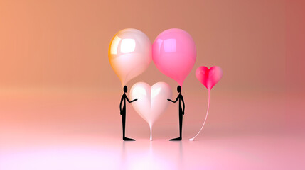 A love story in a surreal dimension. Silhouettes of love: Heart balloons lifting dreams