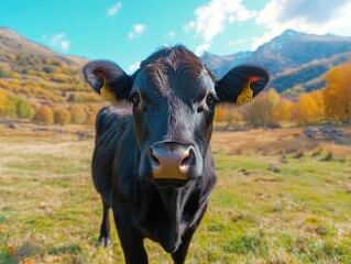 Sticker - Black Cow on Lush Green Field