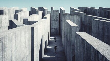 Wall Mural - an abstract maze made of tall concrete walls, with individuals wandering alone in separate paths, re
