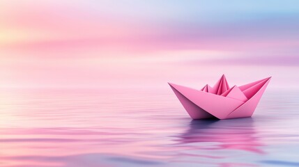 Canvas Print - A pink origami paper boat floating in the middle of a body of water, AI