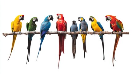 Sticker - A Row of Colorful Macaws Perched on a Branch