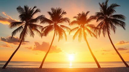 Wall Mural - Stunning sunset over a tranquil beach with silhouetted palm trees, creating a perfect tropical paradise atmosphere.