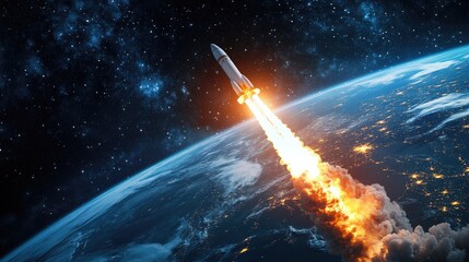 Wall Mural - A powerful rocket blasts off into space from Earth, leaving a trail of smoke and fire. The rocket is in the foreground, with the Earth and stars in the background.