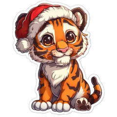 Cute Cartoon Tiger Wearing a Santa Hat Sitting Happily During the Festive Season Isolated on a White Background