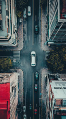 Wall Mural - Aerial view of busy intersection with cars and buildings surrounding it, showcasing urban life