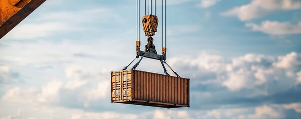 A cargo container is being lifted by a crane against a scenic sky, symbolizing logistics and transport efficiency.