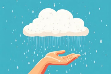 Flat illustration of a big cloud raining on a hand, editorial style,