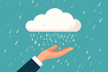 Flat illustration of a big cloud raining on a hand, editorial style,