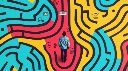 Wall Mural - customer journey maze: a figure navigates through a complex, colorful maze with various symbols (lik