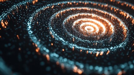 Customer Loyalty Spiral: A spiral of people icons intertwined with data streams and glowing lines of communication, ascending upward into a bright space
