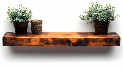 A wooden shelf displaying two potted plants and a decorative log for home decor.