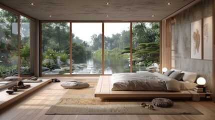 An elegant bedroom design with furniture and large windows overlooking the river and green forest.