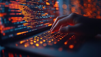 Software developer programming new application with code and data flowing in the background, symbolizing a coding or technology theme.