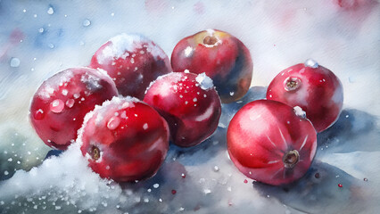 Chilled cranberries on snowy background with droplets, watercolor style