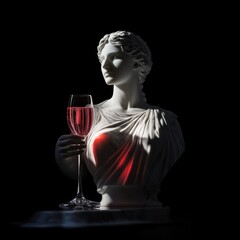 Sticker - A stunning marble bust of a classical figure holds a glass of rose wine. A dramatic play of light creates a captivating atmosphere. This piece is perfect for artistic and modern themes. AI