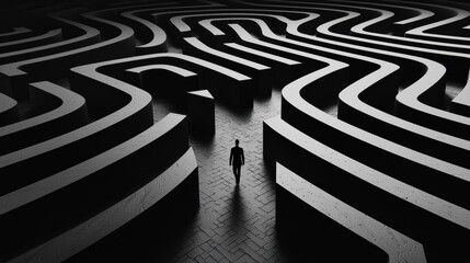 endless maze: a person wandering through a massive, abstract maze that seems to shift and change, sy