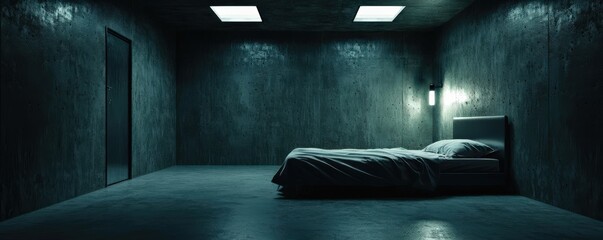 A prison bed with neatly folded sheets, an empty space filled with guilt, Prison Cell, Guilt Symbolism, emptiness