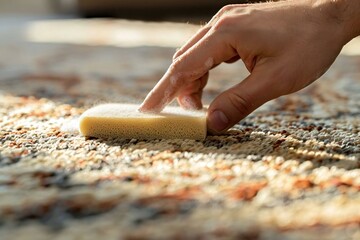 close-up shot of a person's hand scrubbing a dirty stain on a carpet with a sponge, showcasing the process of cleaning and household maintenance.