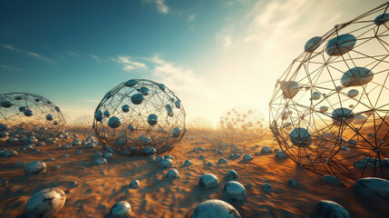 Wall Mural - abstract scfi-fi landscape with connected 3d balls and molecular grid structure. futuristic surreal 
