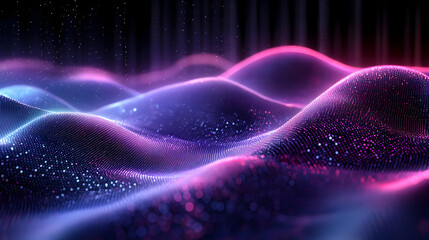 Wall Mural - Abstract digital landscape with glowing waves and particles.