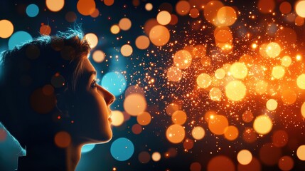 Wall Mural - floating lights of character: small glowing orbs surrounding a person, each orb representing a diffe
