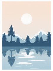 Poster - Serene mountain lake with a soft, pastel sky and a single, large, white sun.