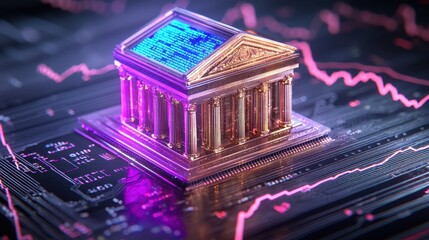 A conceptual digital bank scene featuring a miniature bank building on a financial chart background, symbolizing finance and technology.