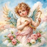Watercolor rococo cupid angel illustration