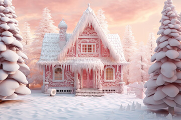 Wall Mural - Christmas house in the forest with candies and winter holiday ornaments. Santa gingerbread house on the snow.