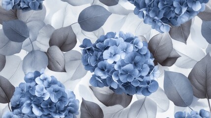 Floral pattern with blue hydrangeas and soft gray leaves generative ai