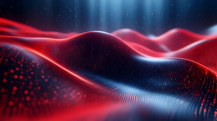 Abstract representation of flowing waves in red and blue tones with a digital aesthetic.