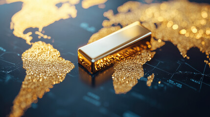 Wall Mural - golden map of global financial security: a gold bar shining on a global map, connecting major econom