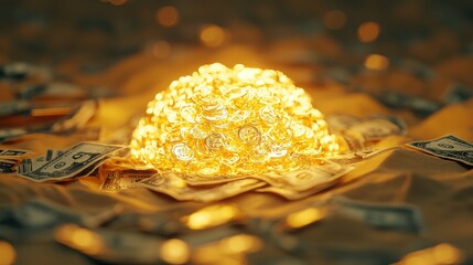 Wall Mural - golden oasis in financial desert: a glowing golden oasis in the middle of a desert filled with defla