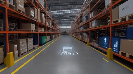 A warehouse aisle with rows of shelves stacked with boxes, a holographic image of a credit card on the floor, and a digital display showing a delivery truck icon.