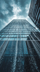 Wall Mural - Heavy downpour over modern skyscraper, water streaming down glass facade