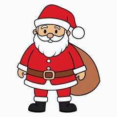 New Year greeting card, Santa Claus in a red suit with a bag of gifts on a white background, flat illustration