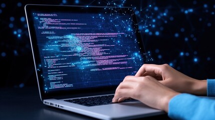 Person writing code on a laptop with a digital background, a software development concept.
