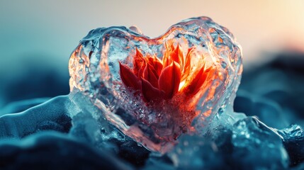 Wall Mural - melting ice of fear: an ice sculpture in the shape of a heart, frozen by fear and rejection, slowly 