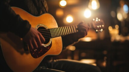 Acoustic Guitarist in Dimly Lit Room, Close-up, Guitar, Music, Performance, Acoustic, Instrument