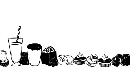 Wall Mural - A countertop with a variety of low-sugar sweets arranged in a line near a glass of milk, vector illustration art