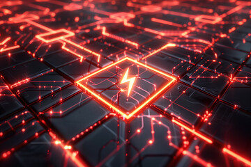 Wall Mural - futuristic glowing grid with red highlights and energy icon - a high-tech concept illustrating data 