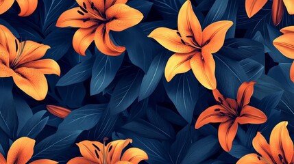 Floral pattern with orange lilies and dark blue leaves generative ai