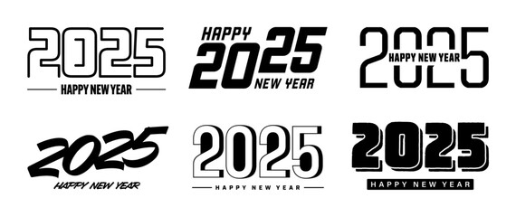 Set of 2025 Happy New Year greeting text designs. Christmas banner, poster, festive greeting card or seasonal promotion template. Collection of 2025 numbers with greetings. Vector illustration