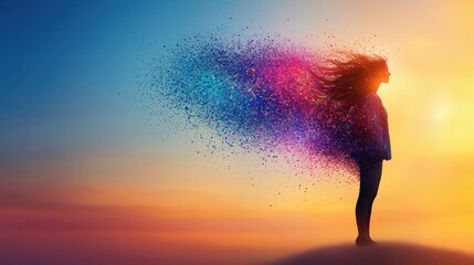 Wall Mural - positive wind: a person standing on a hill with their hair and clothing blown forward by a wind of b