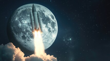 Wall Mural - A rocket launches into space with a full moon in the background.