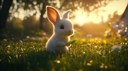 Poster -   A white rabbit is sitting in the grass with a leaf in its mouth, while the sun shines brightly behind it