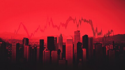 Wall Mural - Red Skyline of Economic Recession: A city skyline in red tones, with all the buildings crumbling and collapsing in slow motion