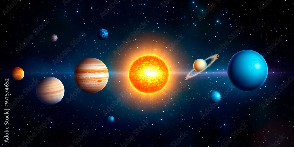 Vivid illustration of the solar system featuring a radiant sun and ...