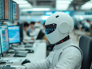 A futuristic robot working at a computer with vibrant stock market charts in a busy office environment.